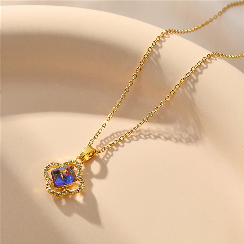 ELVA Leaf Clover Blue Crystal Necklace - KAYLUZ LTD