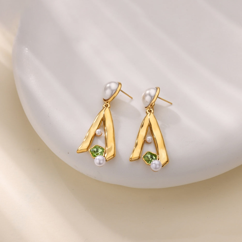 New Stainless Steel Green Zircon Pearl Earrings