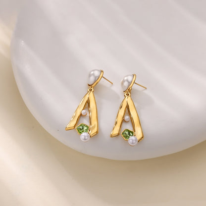 New Stainless Steel Green Zircon Pearl Earrings