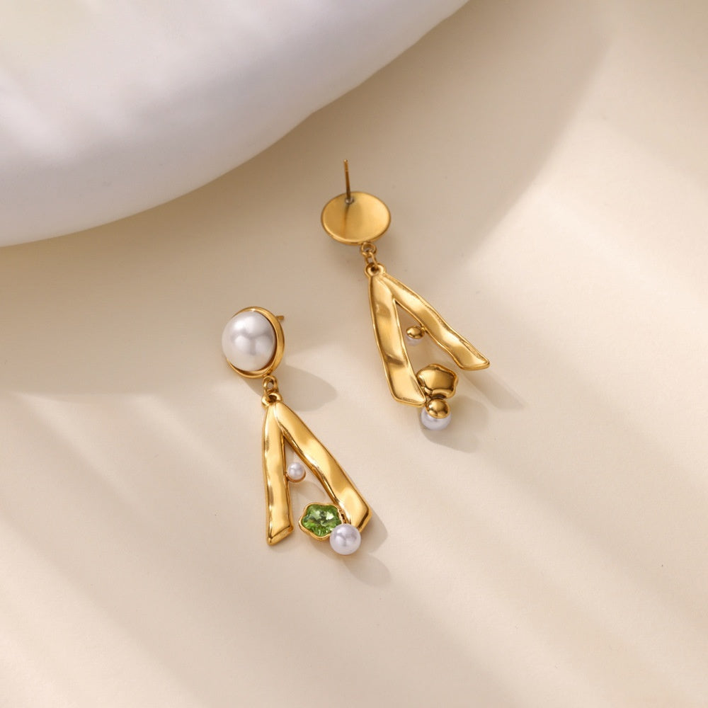 New Stainless Steel Green Zircon Pearl Earrings