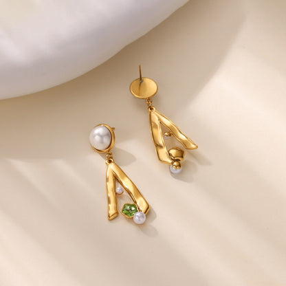 New Stainless Steel Green Zircon Pearl Earrings