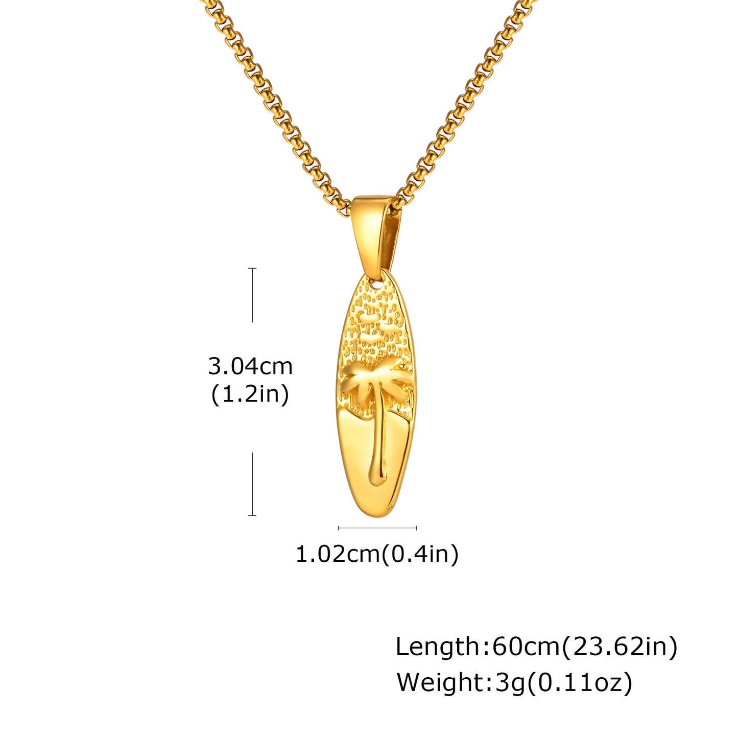 Gold necklace with pendant and measurement details on a white background