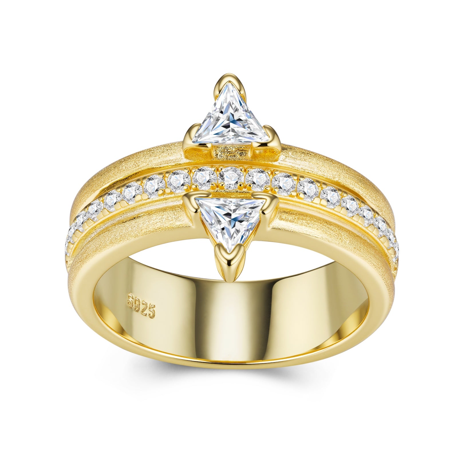 Gold ring with triangular gemstones on a white background