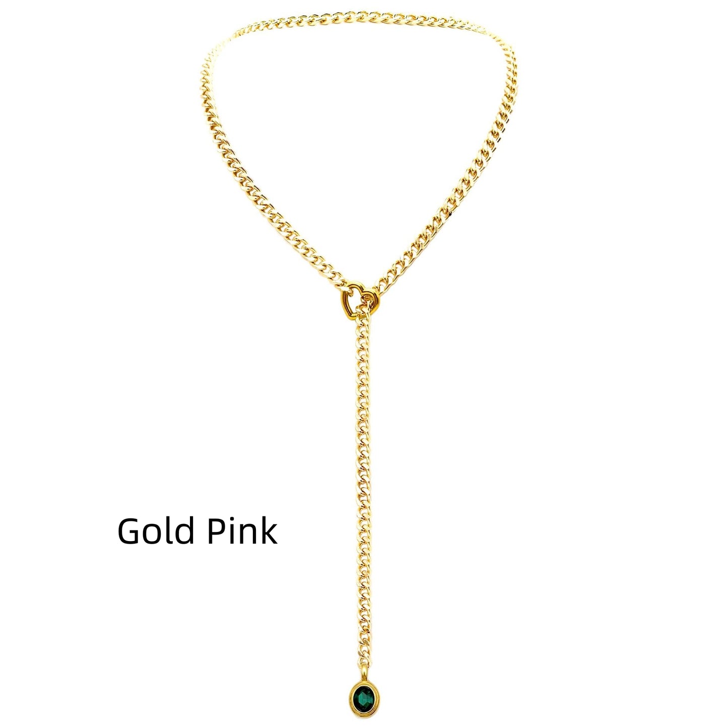 Stainless Steel 18K Slide Chain Heart-shaped Ring Punk Rock Exaggerated Style Cuba Long Necklace