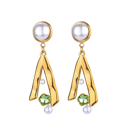New Stainless Steel Green Zircon Pearl Earrings