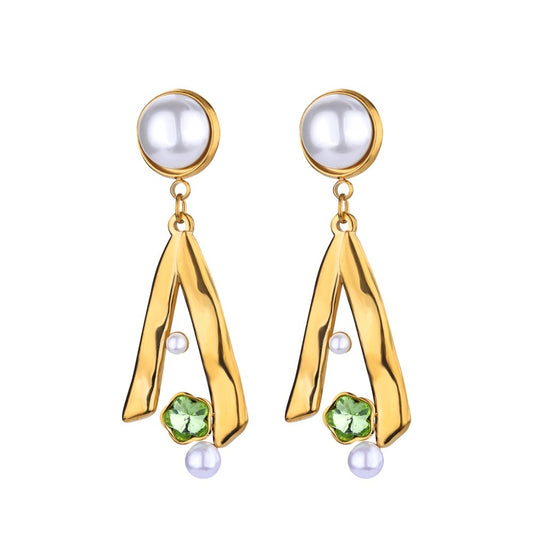 New Stainless Steel Green Zircon Pearl Earrings