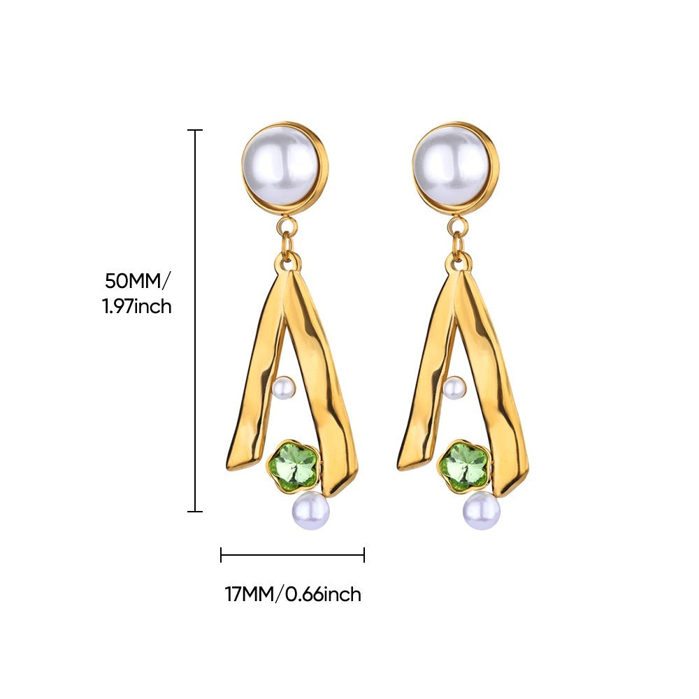 New Stainless Steel Green Zircon Pearl Earrings