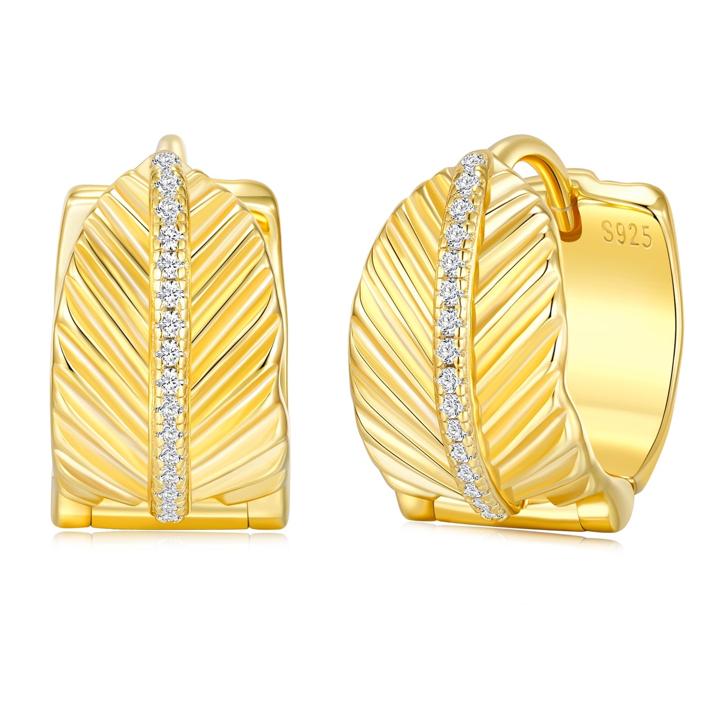 Gold hoop earrings with diamond accents on a white background