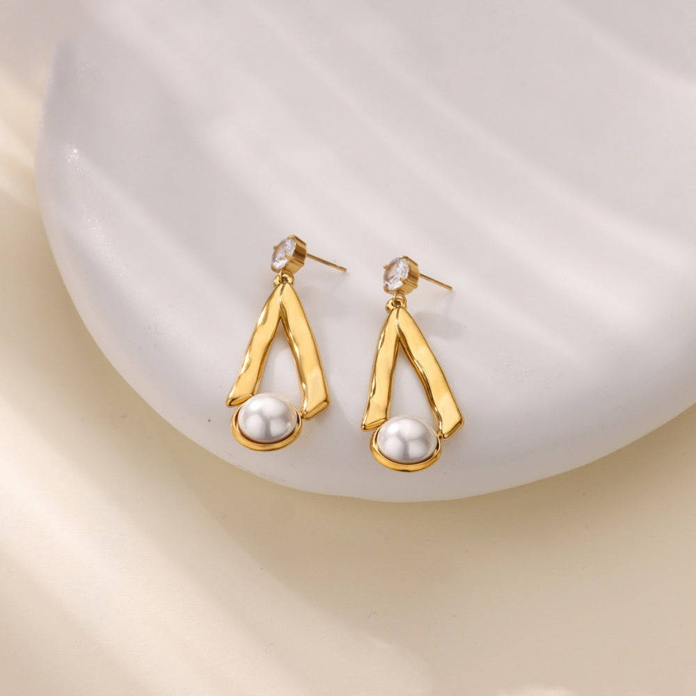 New Stainless Steel Green Zircon Pearl Earrings