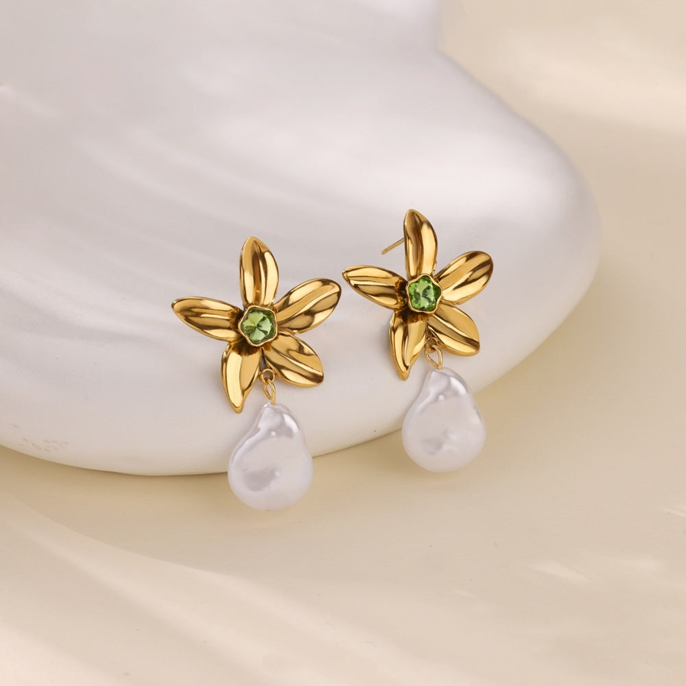 Stainless Steel Flower Green Zircon Stud Earrings