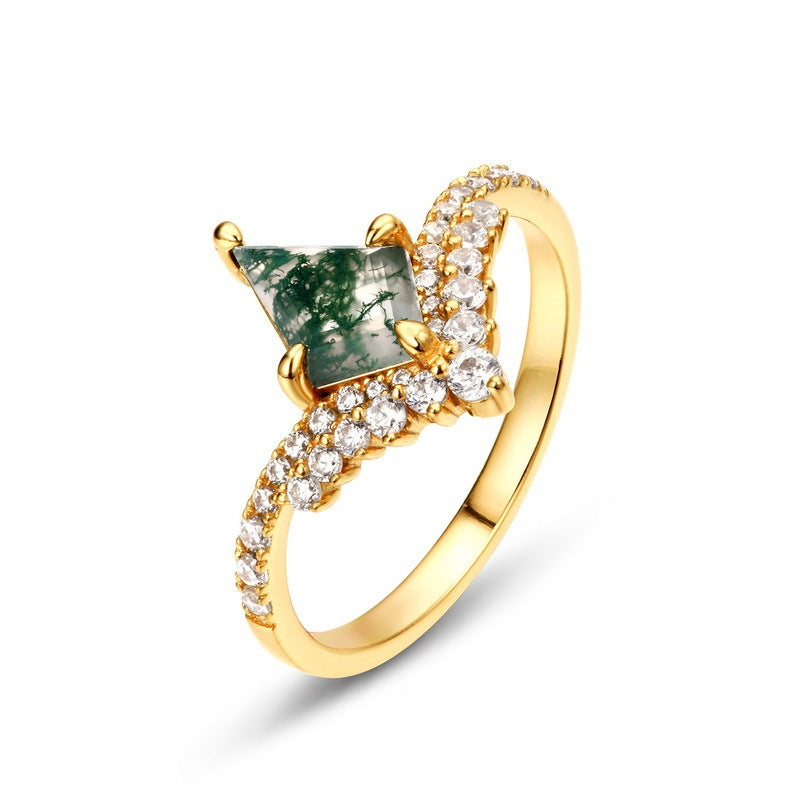 S925 Silver Green Moss Agate Ring