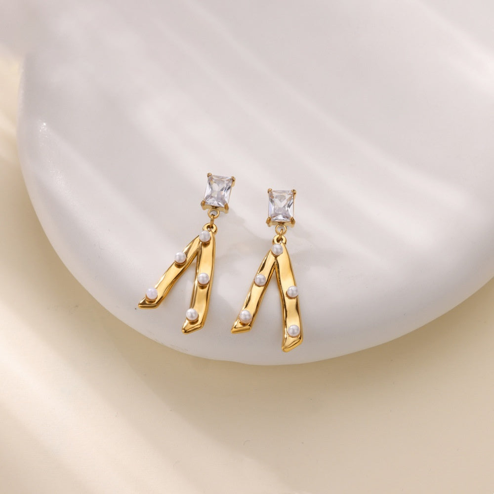 New Stainless Steel Green Zircon Pearl Earrings