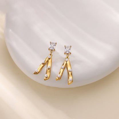 New Stainless Steel Green Zircon Pearl Earrings